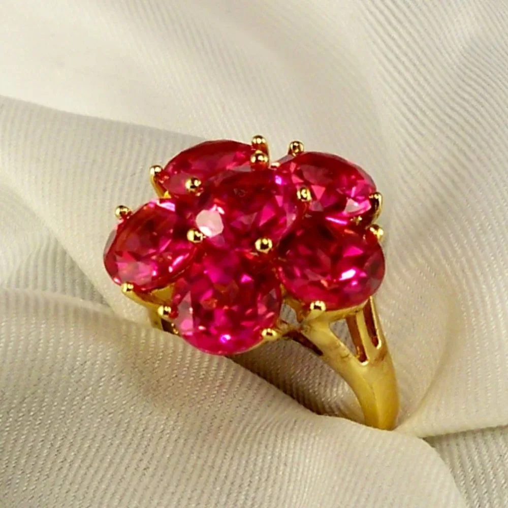 NEW Deep Pink Cubic Zirconias Flower Gold 925 DESIGNER Ring